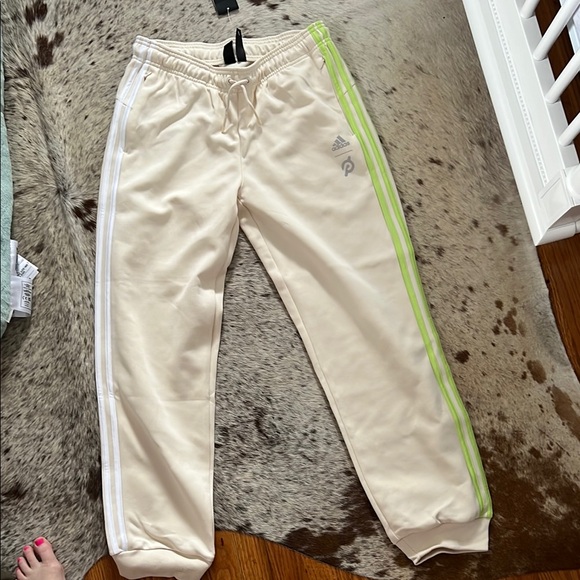 Adidas-Peloton Womens Cream Joggers with Green and White Stripes - Picture 1 of 6